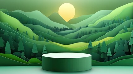 White cylinder podium on green nature mountains landscape.3d Paper cut abstract minimal geometric shape template background