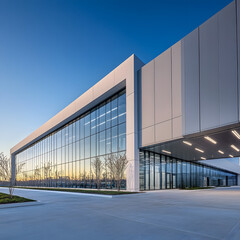 modern logistics innovation center with cutting edge technology, featuring sleek architecture and expansive glass windows, set against clear blue sky