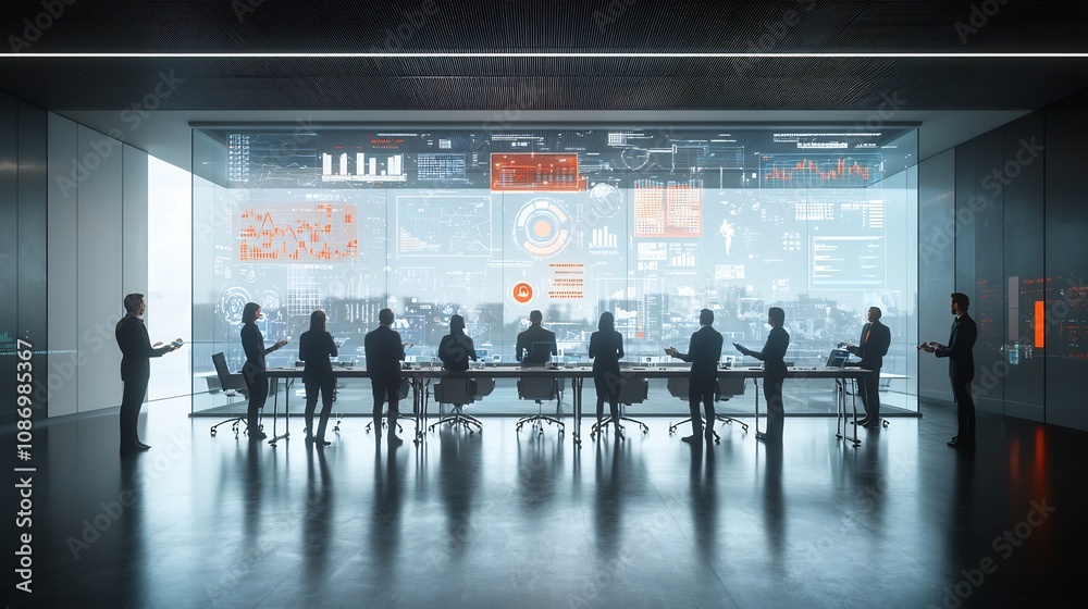 Aufkleber Futuristic glass walled meeting room with silhouettes of participants surrounded by interactive 3D data holograms and advanced analytics tools