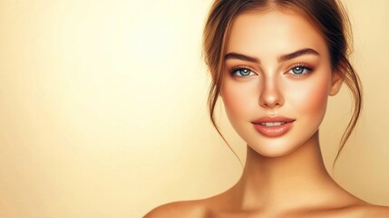 Fototapeta premium Stunning Portrait of a Beautiful Young Woman with Radiant Skin, Bright Eyes, and a Soft Smile Against a Warm Golden Background for Stock Photography Use