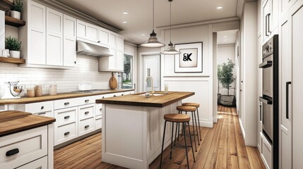 Modern Farmhouse Kitchen with White Cabinets and Wooden Island