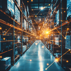 modern warehouse with advanced logistics technology features interconnected systems and glowing digital networks, enhancing efficiency and automation