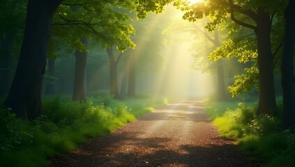 Obraz premium Sunlight streaming through trees on a forest path, symbolizing nature's beauty for International Earth Day 