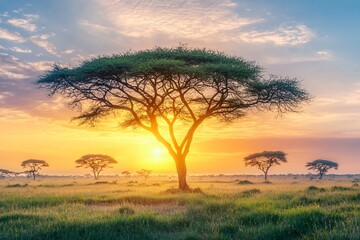 Stunning Sunset Over the African Savanna with Acacia Trees