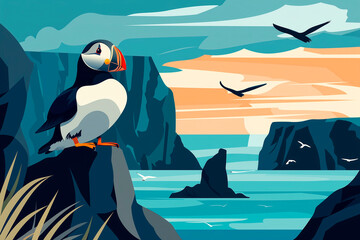 Obraz premium an illustration poster design of vestmannaeyjar in iceland featuring puffin/s
