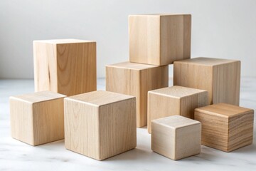 Fototapeta premium Abstract Composition of Light Natural Wood Cubes on White Background, AI, Scandinavian Minimalist Geometry, Subtle Shadows, Abstract Art, Simple Design, Clean Lines