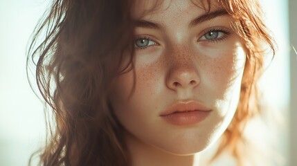 Naklejka premium Close-Up Portrait of a Young Woman with Freckles and Natural Beauty, Soft Light Creating a Dreamy Atmosphere, Capturing Emotion and Expression