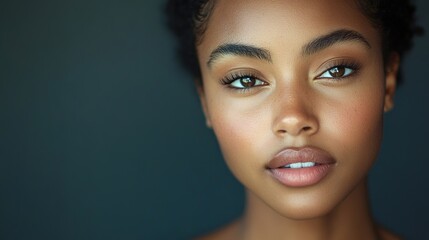 Naklejka premium Portrait of a confident young woman with captivating eyes and natural skin, showcasing beauty and self-expression against a dark background