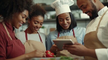 Cooking course - senior chef in cook uniform teaches a multiethnic group in cooking class