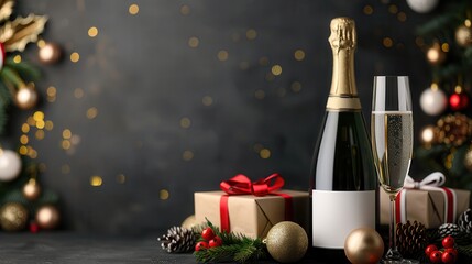 Champagne Toast and Gift Box. A festive arrangement featuring a bottle of champagne, two glasses, and gift boxes decorated with ribbons, set against a blurred holiday background.