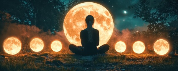 Paganism and mental wellness, meditative ritual under glowing moon phases, serene atmosphere with natural and celestial elements