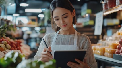 Image of young asian woman, smiling and holding digital tablet