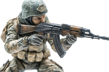 Fototapeta premium Soldier aiming assault rifle isolated on white background