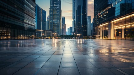 Empty square floor with city skyline background, Urban square with art installation, contemporary urban art