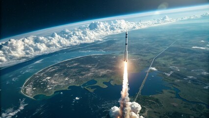 An aerial shot of a rocket launch from space, with the curvature of the Earth visible in the background