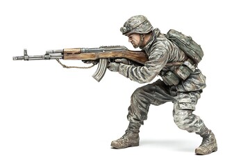 Fototapeta premium Soldier aiming assault rifle in combat position on white background
