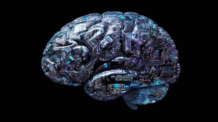 Illustration of the brain with electric circuitry isolated on black background