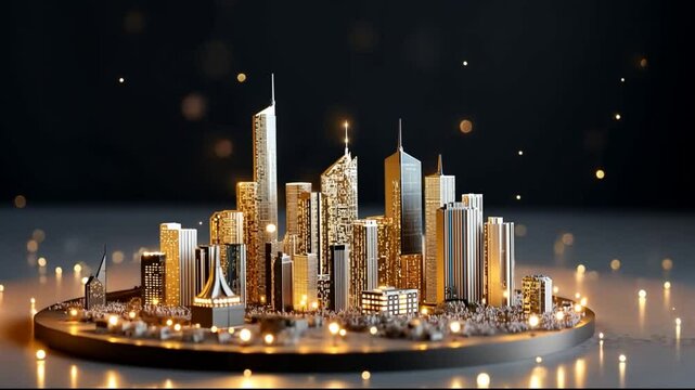 A cityscape with tall buildings and a glowing city at night. The city is lit up with lights, giving it a warm and inviting atmosphere	
