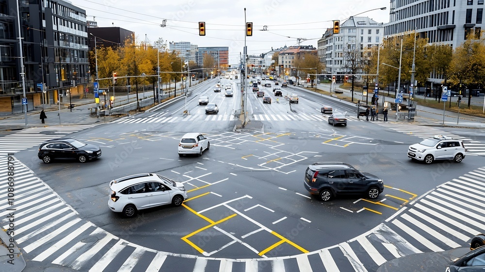 Leinwandbilder High definition view of a smart city intersection featuring adaptive traffic signals sensor equipped vehicles and an integrated transportation network that optimizes urban mobility efficiency