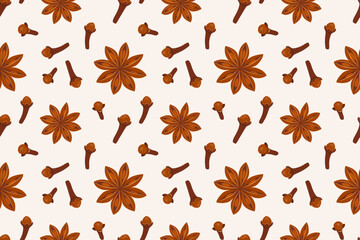 Seamless pattern with dried clove seeds and star anise. Sweet cooking and bakery spices. Vector illustration in trendy flat style