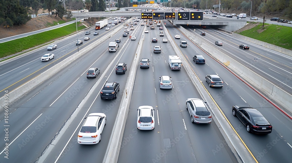 Aufkleber aerial perspective showcasing a futuristic smart highway system with synchronized traffic lights con