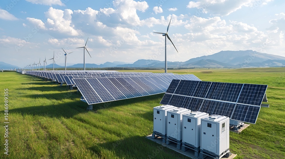 Fototapete Interconnected smart grids efficiently balancing renewable and non renewable energy sources with advanced battery storage and data driven optimization for a sustainable energy future