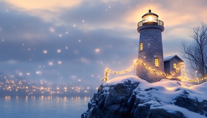 Stone lighthouse on a snowy cliff with holiday lights illuminating the surrounding landscape, watercolor theme