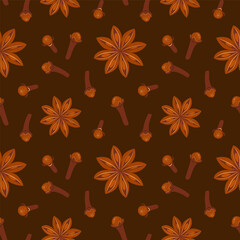 Seamless pattern with dried clove seeds and star anise on brown background. Sweet cooking and bakery spices. Vector illustration in trendy cartoon flat style