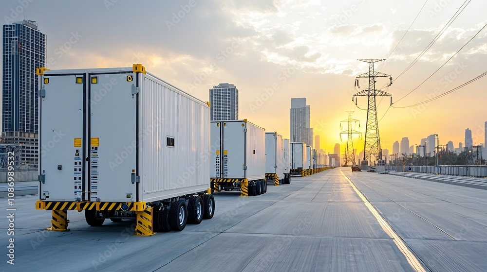 Poster detailed view of modern battery energy storage units seamlessly integrated into a smart grid network