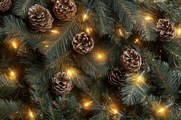 Christmas tree lights and pine cones on a light gray background with copy space, a banner design. Christmas decoration concept