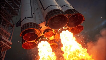 A close-up of a rocket's engines igniting, showing the intense flames and exhaust gases shooting out
