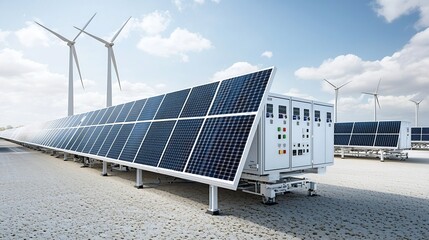 Innovative smart energy hub featuring solar panels wind turbines and advanced energy storage solutions for efficient and sustainable power distribution and management