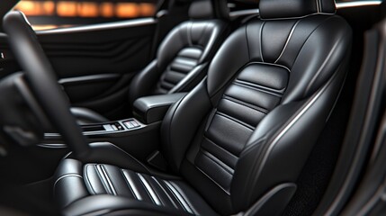 Luxurious black leather car seats with elegant stitching and modern interior design.