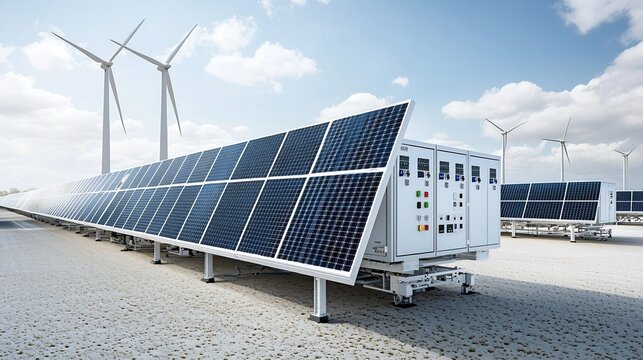 Innovative smart energy hub featuring solar panels wind turbines and advanced energy storage solutions for efficient and sustainable power distribution and management