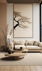 Minimalist Living Room Interior Beige Sofa Wooden Coffee Tables Japanese Tree Art