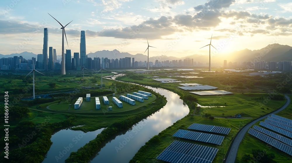 Aufkleber futuristic grid infrastructure that integrates large scale energy storage facilities and renewable e