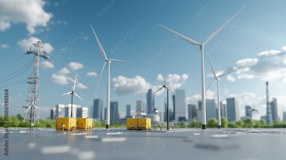 Poster futuristic 3d of a carbon neutral city with a smart grid infrastructure that seamlessly integrates r
