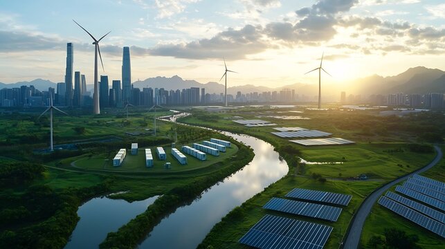 Futuristic grid infrastructure that integrates large scale energy storage facilities and renewable energy sources like solar and wind power to enable a carbon neutral sustainable city of tomorrow