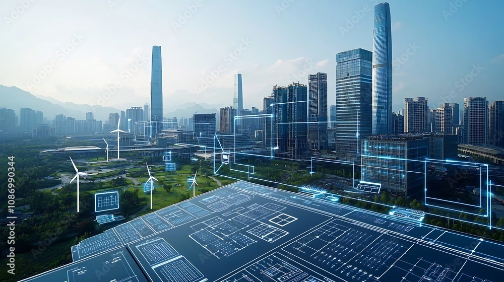 Poster futuristic urban landscape featuring a smart grid energy management system with large scale battery 