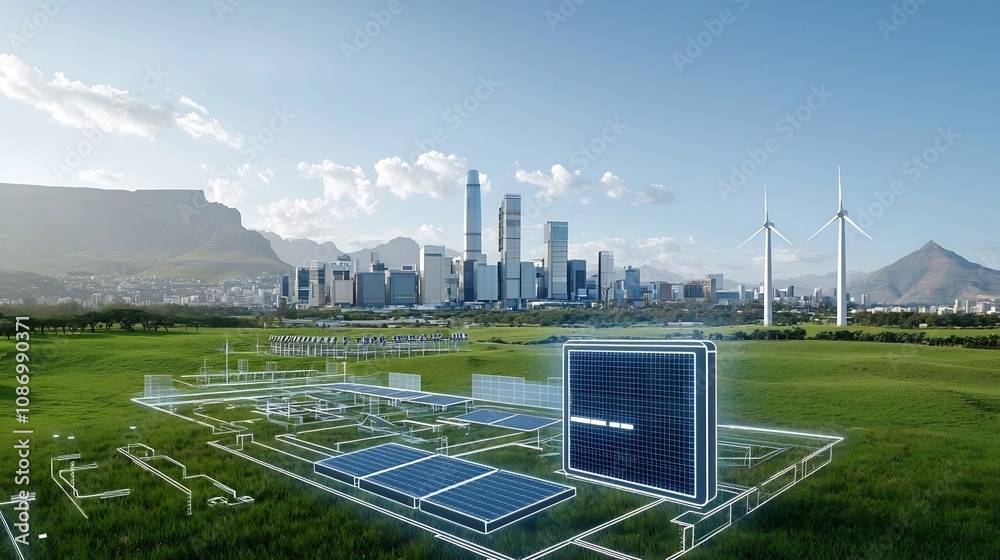 Poster futuristic smart grid energy management system featuring large scale battery storage and of renewabl
