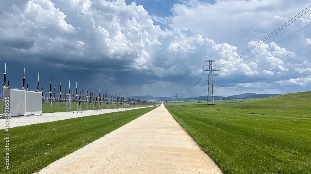 Aufkleber Cutting edge Future Energy Grid Infrastructure Integrating Advanced Battery Energy Storage Systems to Ensure Smooth Reliable and Sustainable Power Distribution across the Grid Network