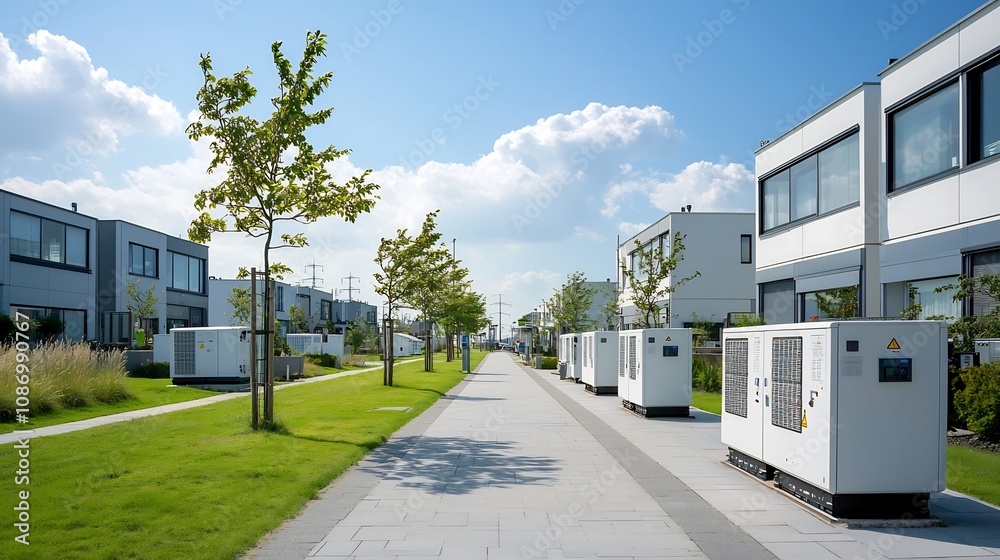 Poster of a smart electricity grid system with energy storage technology optimizing power distribution and stability to support a sustainable and modern neighborhood infrastructure