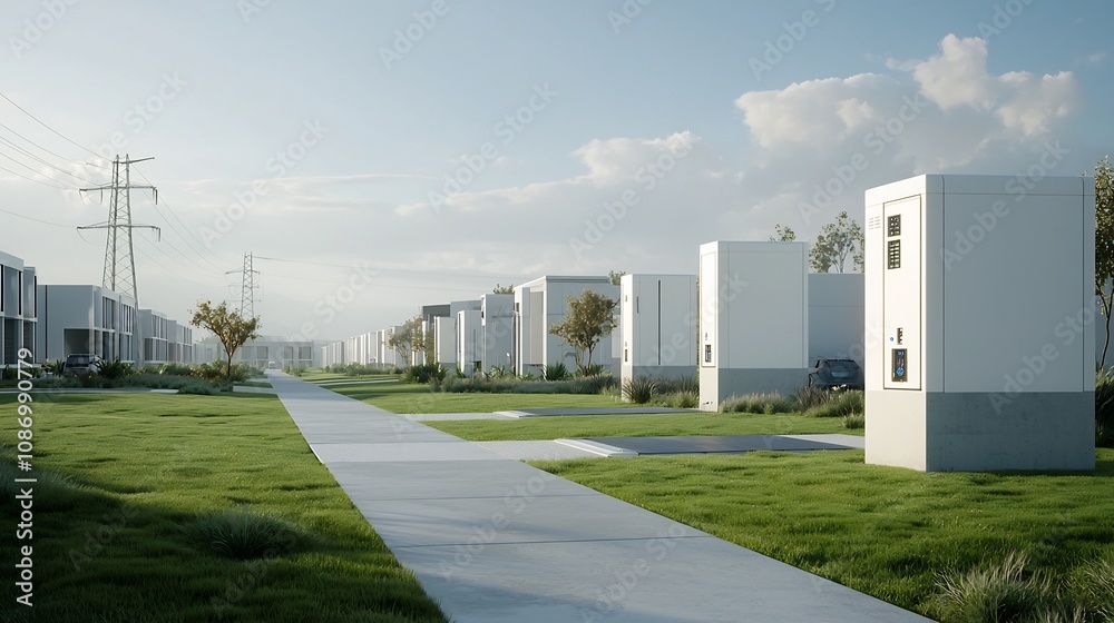 Poster of a smart neighborhood supported by a smart grid with advanced energy storage systems that optimize electricity use and grid stability featuring renewable energy sources