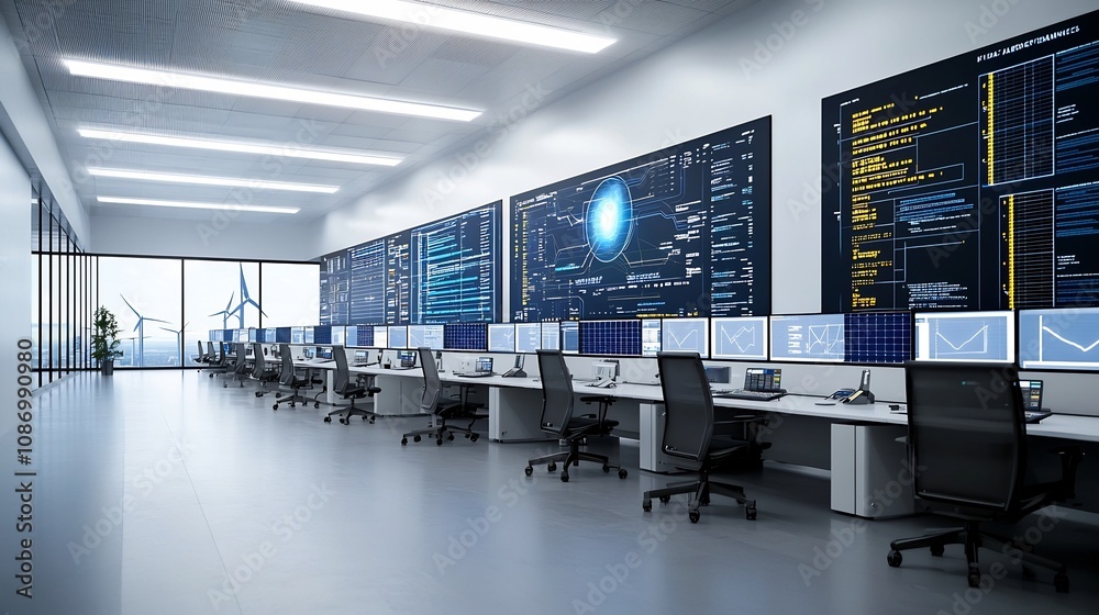 Poster Futuristic AI Powered Energy Management Center Optimizing Grid Efficiency by Balancing Solar Wind and Traditional Energy Sources for Sustainable Power Distribution