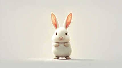 Fototapeta premium A cute, cartoon-style white rabbit stands upright, showcasing its long ears and chubby body against a light background.