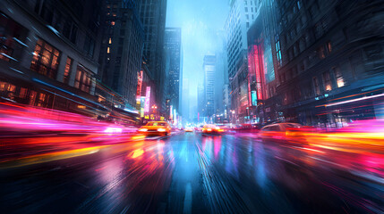 Obraz premium A vibrant city scene at night, featuring illuminated buildings and dynamic light trails from moving cars on a wet street.