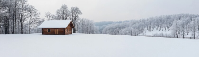 A cozy wooden cabin covered in snow with a serene winter landscape.