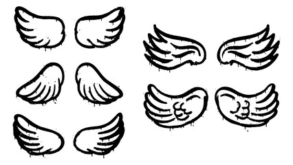 Set of wings in graffiti doodle style with dripping paint effect