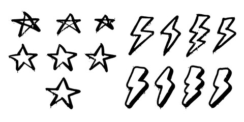 Set of star and lightning bolt doodles in graffiti style with dripping paint effect