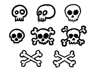 Set of skulls and crossbones in graffiti doodle style with dripping paint effect